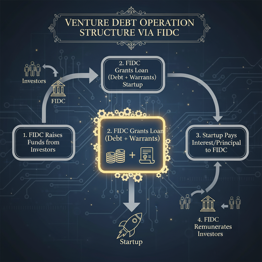 Diagrama de fluxo (flowchart) elegante e autoexplicativo, intitulado Estrutura da Operação de Venture Debt via FIDC. O diagrama deve mostrar as seguintes etapas: 1. FIDC Capta Recursos de Investidores -> 2. FIDC Concede Empréstimo (Dívida + Warrants) à Startup -> 3. Startup Paga Juros/Principal ao FIDC -> 4. FIDC Remunera Investidores. O passo 2 deve ter um destaque visual, mostrando a combinação de Dívida e Warrants.