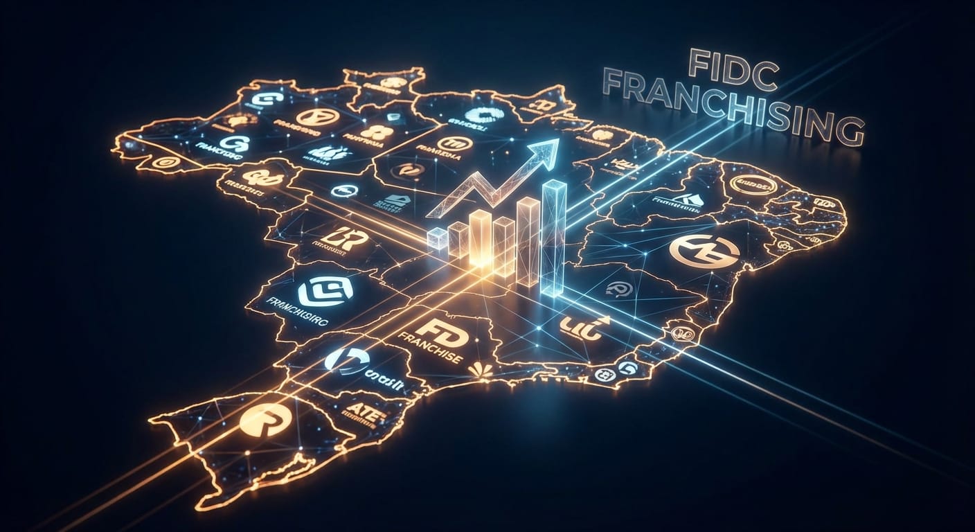 Imagem conceitual de um mapa do Brasil formado por logos de franquias, com linhas de conexão convergindo para um gráfico financeiro, simbolizando a securitização via FIDC Franchising.