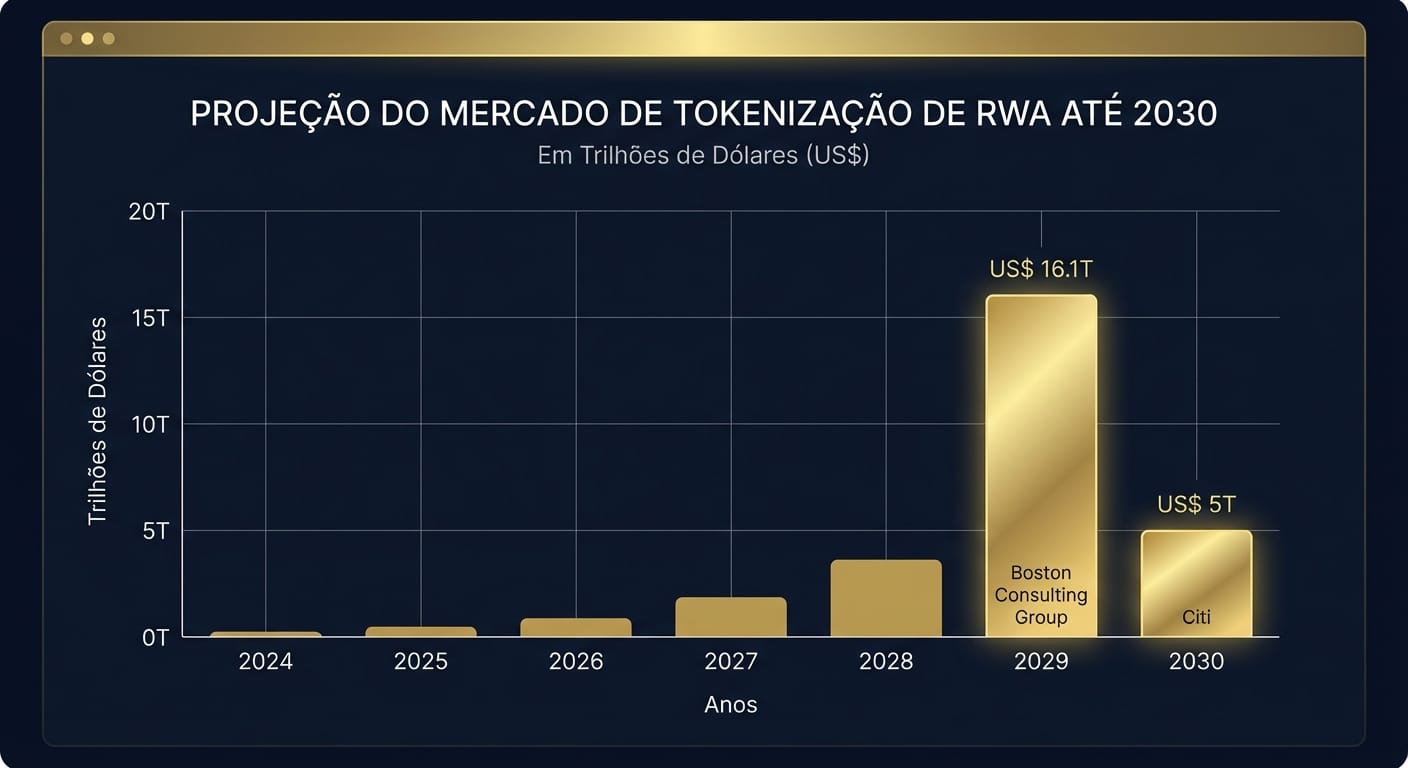 Gráfico de barras projetando o crescimento do mercado de tokenização de RWA até 2030