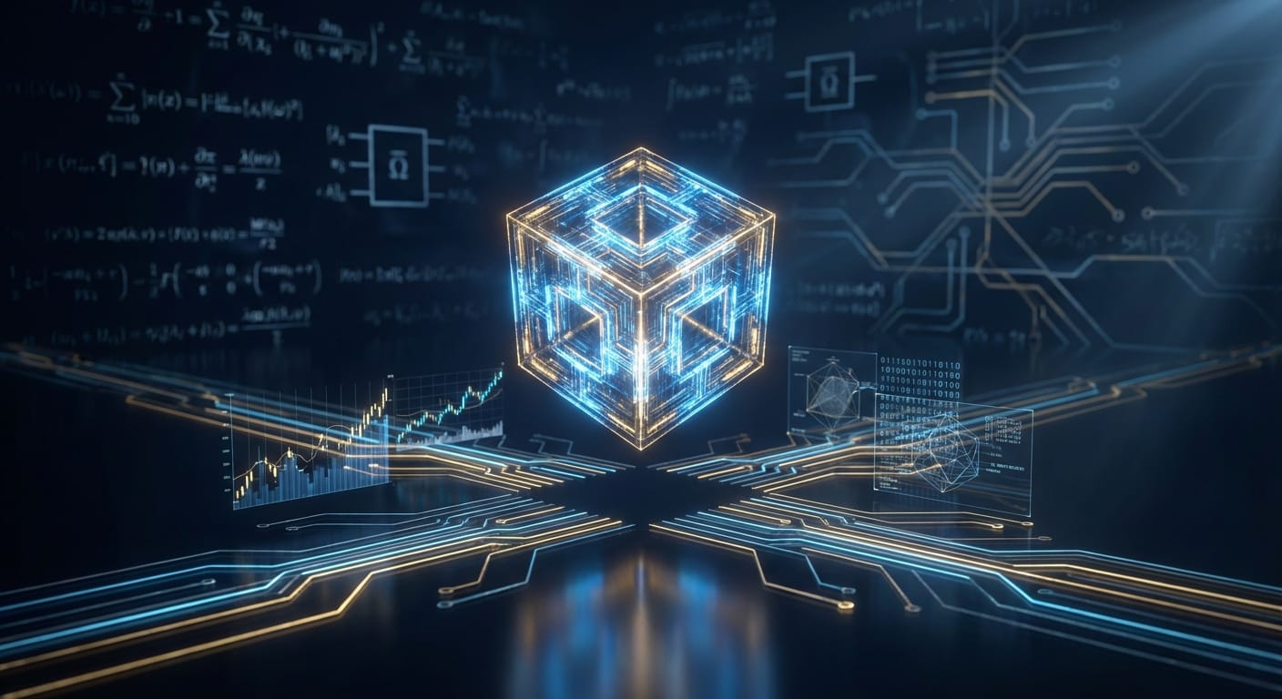 Cubo de qubit brilhante no centro, com fluxos de dados dourados e azuis girando em torno dele, simbolizando a otimização de portfólios e análise de risco.
