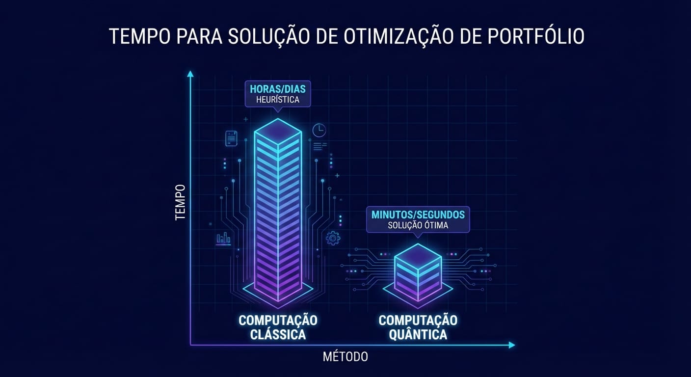 Gráfico comparativo mostrando a aceleração da otimização de portfólio com computação quântica versus clássica.