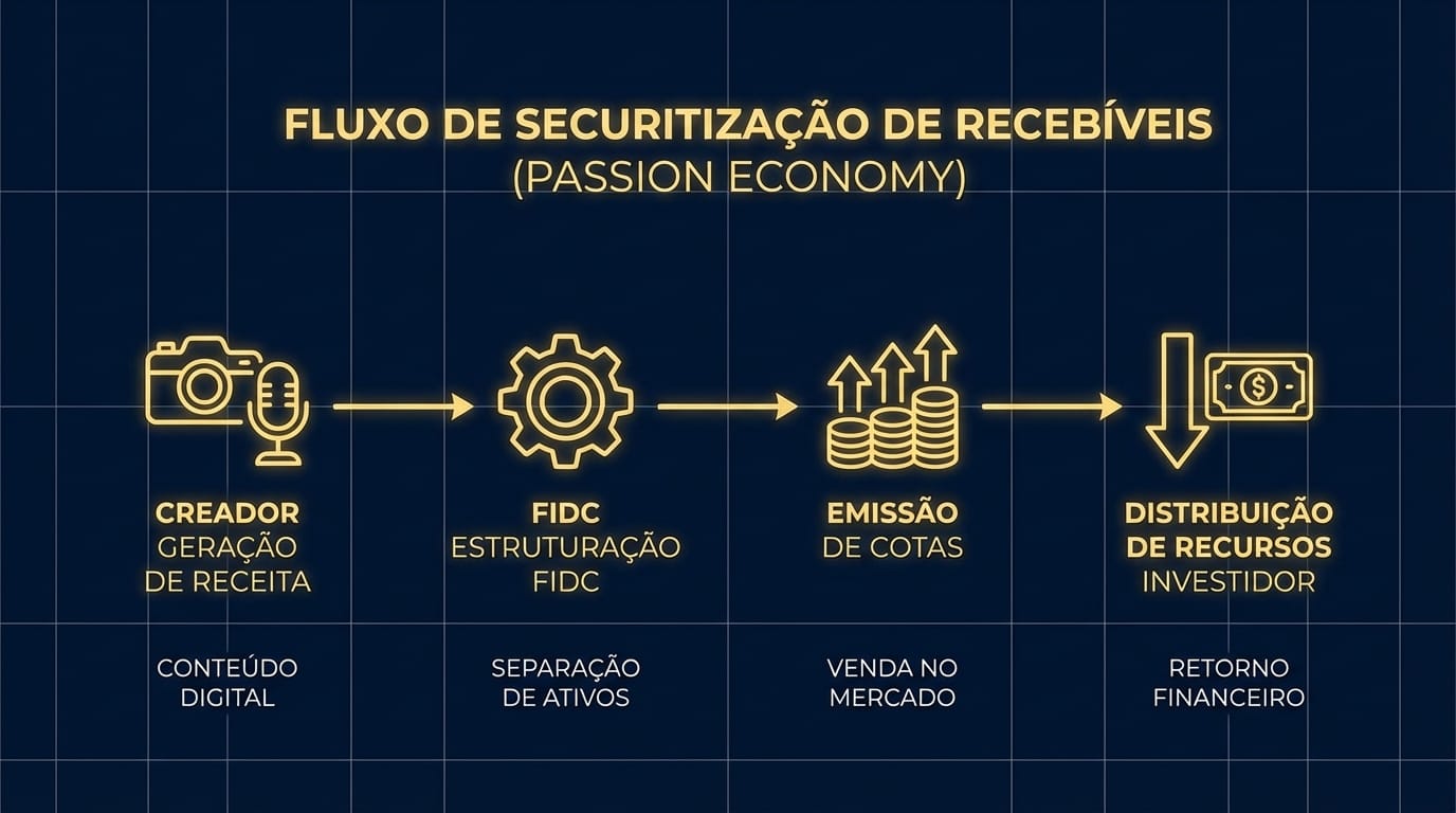 Infográfico ilustrando o fluxo de securitização de recebíveis para criadores de conteúdo na Passion Economy, desde a geração de receita até a distribuição de recursos via FIDC.