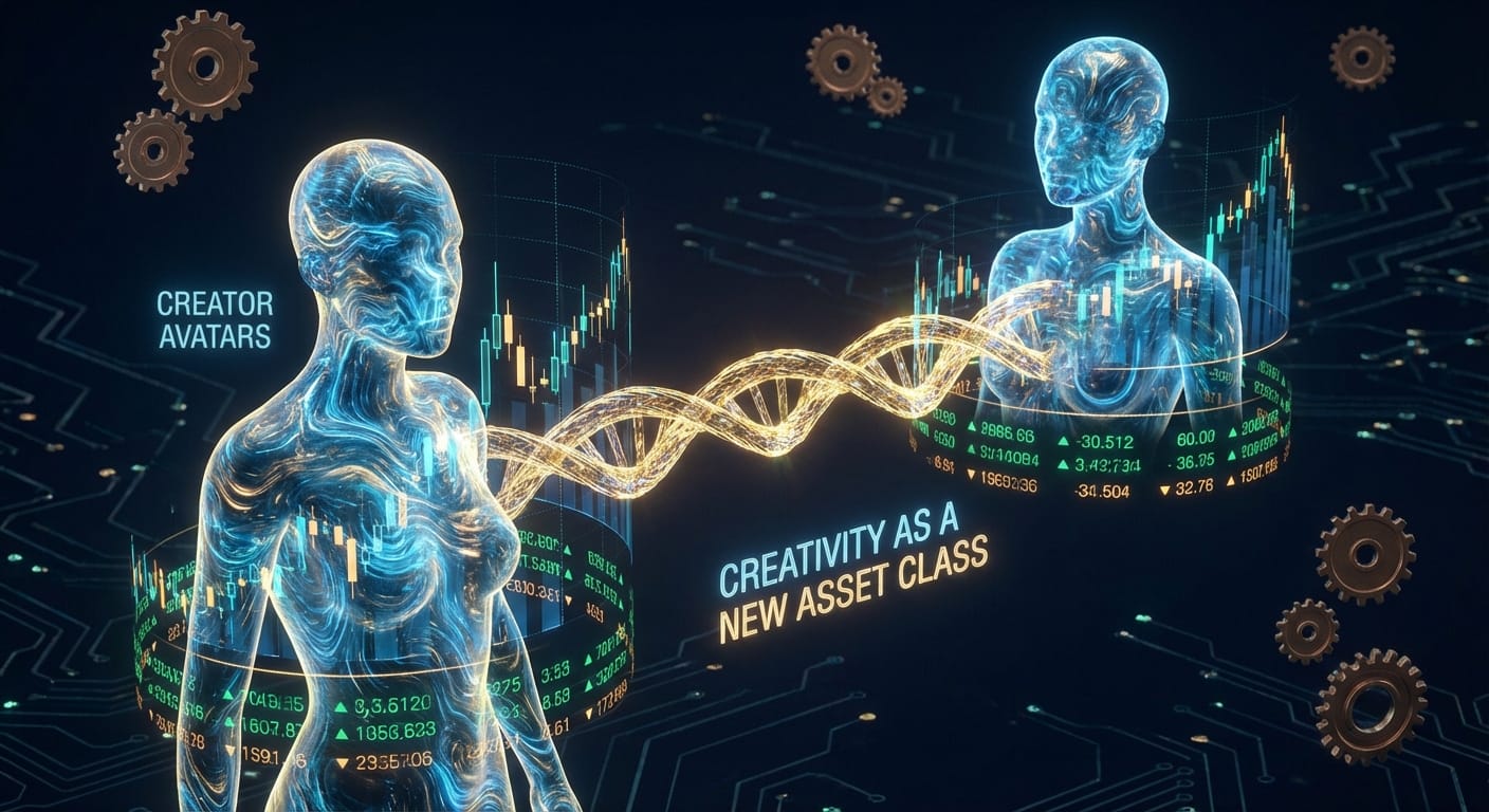 Imagem conceitual mostrando a interseção entre criadores de conteúdo (avatares digitais) e o mercado de capitais (gráficos de performance), com a tecnologia blockchain servindo como ponte.