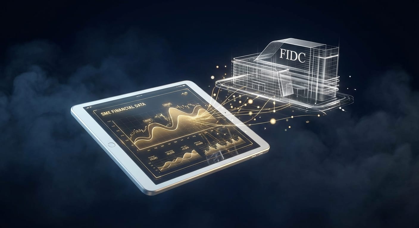 Imagem conceitual mostrando a conexão entre dados financeiros de PMEs em um tablet e a estrutura holográfica de um FIDC, com uma paleta de cores azul e cinza, transmitindo tecnologia e confiança.