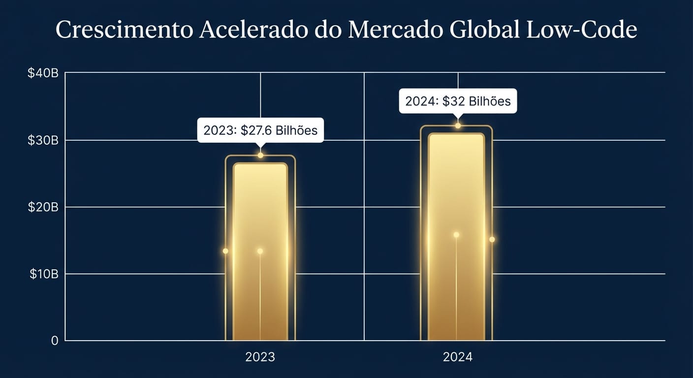 Gráfico de barras mostrando o crescimento do mercado global de Low-Code de $27.6 bilhões em 2023 para $32 bilhões em 2024.