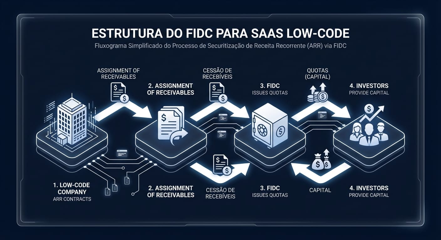 Diagrama de fluxo ilustrando o processo de securitização de receita recorrente (ARR) via FIDC para uma empresa de Low-Code, com 4 etapas: Empresa, Cessão, FIDC e Investidores.