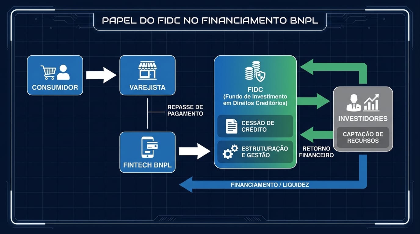 Diagrama de fluxo ilustrando o papel do FIDC no financiamento do BNPL. Mostra o fluxo desde o 'Consumidor' e 'Varejista', passando por 'Direitos Creditórios Gerados', que são vendidos a um 'FIDC'. O FIDC emite cotas para 'Investidores' e o capital retorna ao varejista como 'Liquidez/Capital de Giro'.