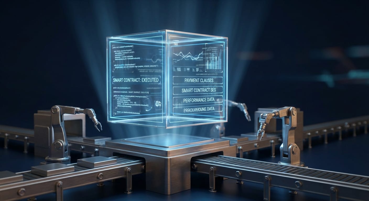 Imagem conceitual de um smart contract em uma linha de produção