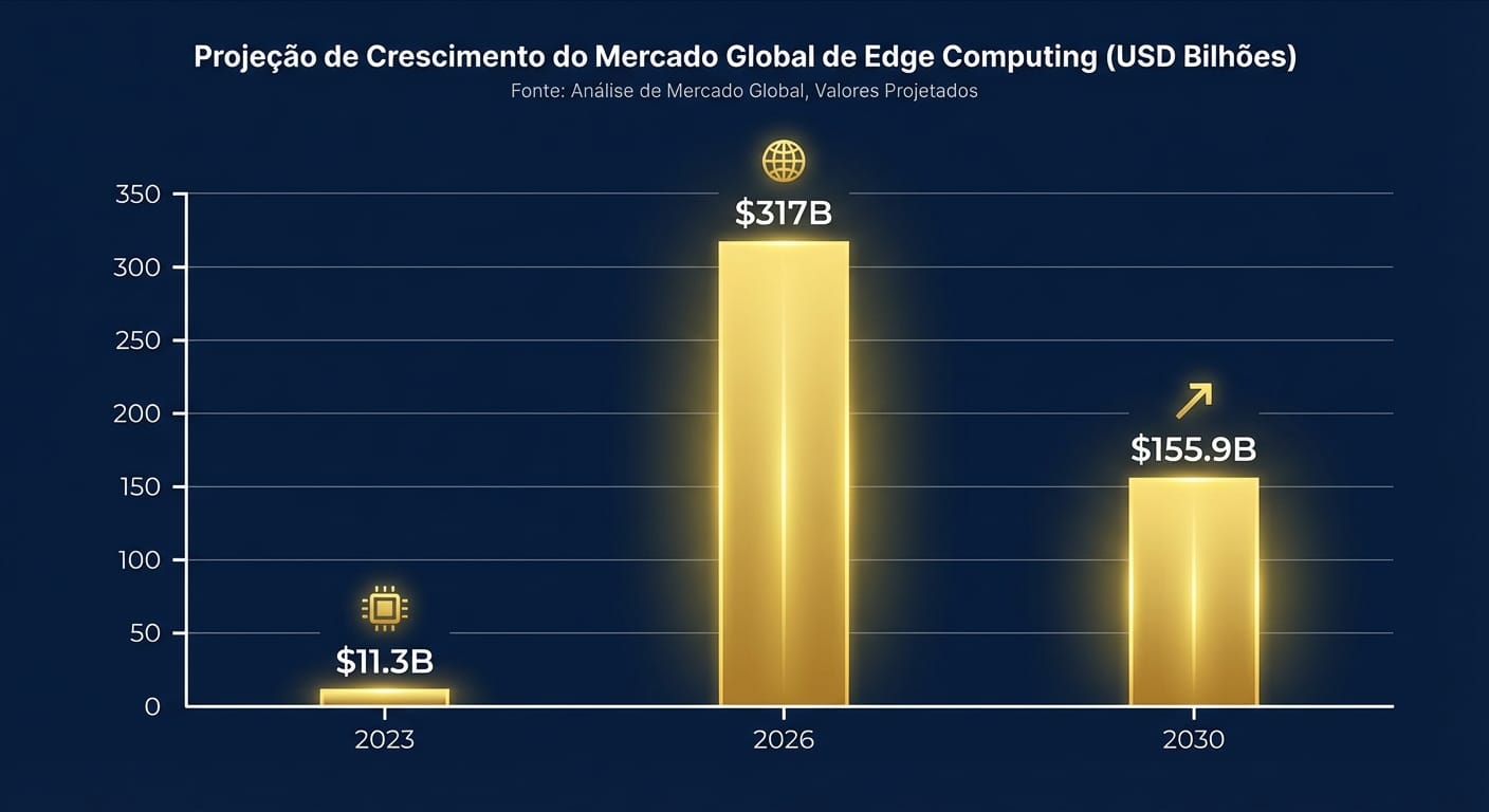 Gráfico de barras comparativo mostrando o crescimento projetado do mercado de Edge Computing em 2023, 2026 e 2030, com valores em bilhões de dólares.