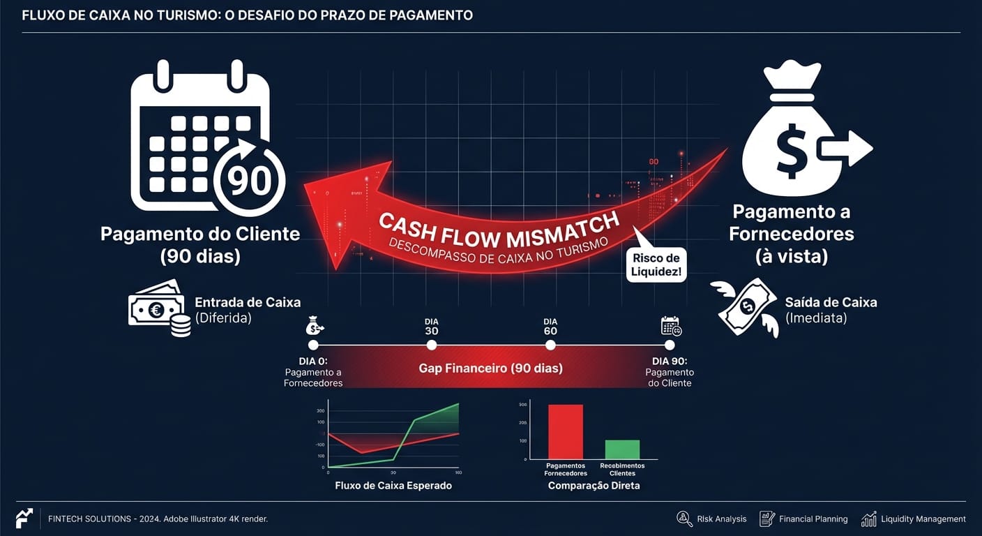 Infográfico mostrando o descasamento de caixa no setor de turismo, com pagamento de clientes a 90 dias e pagamento a fornecedores à vista, destacando o gap de capital de giro.
