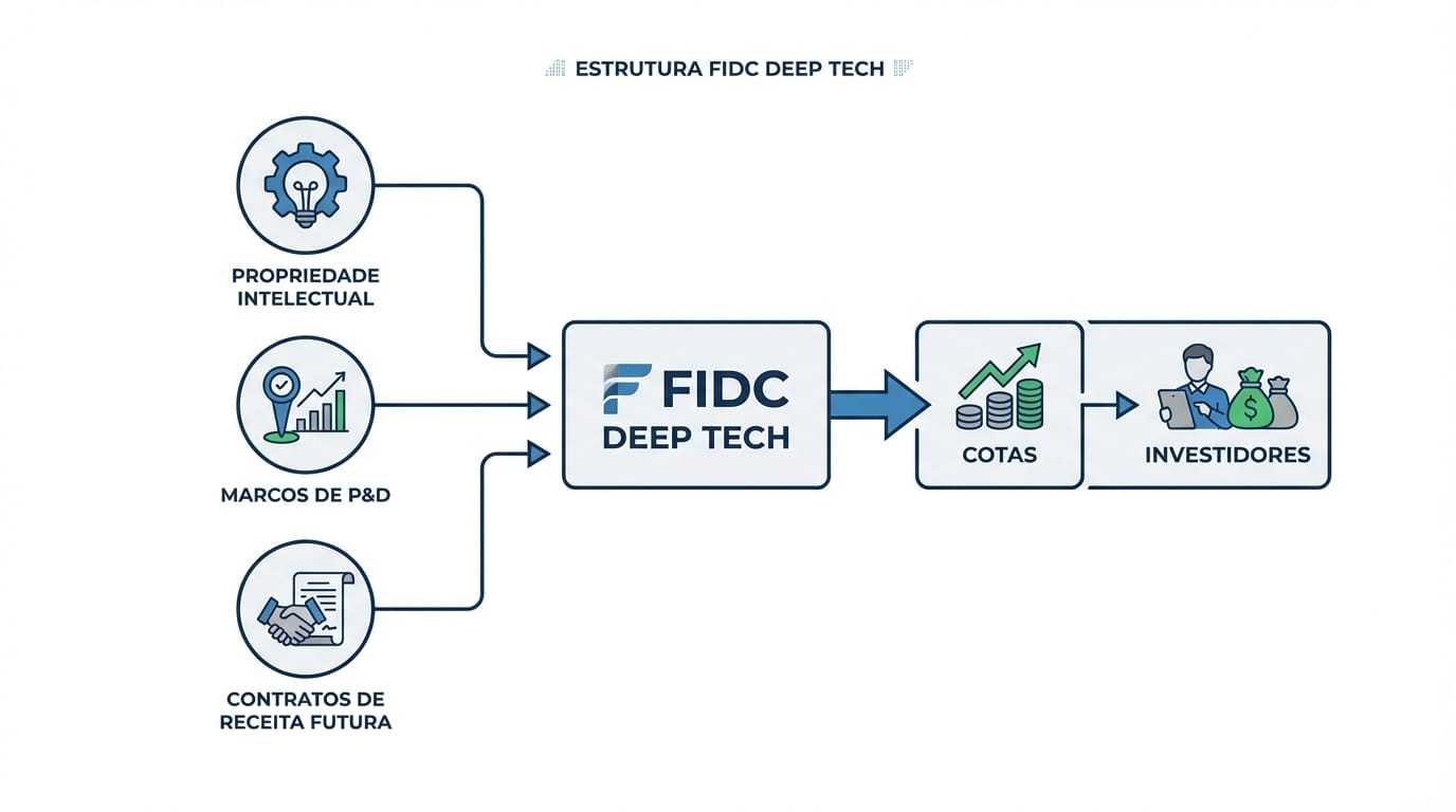 Diagrama infográfico ilustrando a estrutura de um FIDC para Deep Tech, mostrando ícones de Propriedade Intelectual, Marcos de P&D e Contratos de Receita Futura fluindo para uma caixa central ‘FIDC’, que então emite ‘Cotas’ para Investidores.