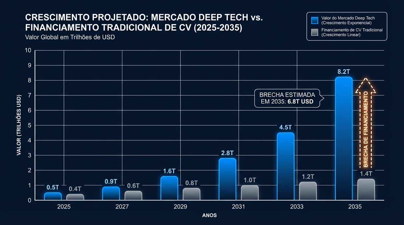 Gráfico de barras comparando o crescimento exponencial projetado do valor do mercado global de Deep Tech (em trilhões de USD) versus o crescimento linear do financiamento de VC tradicional para o setor de 2025 a 2035, destacando o ‘Funding Gap’.