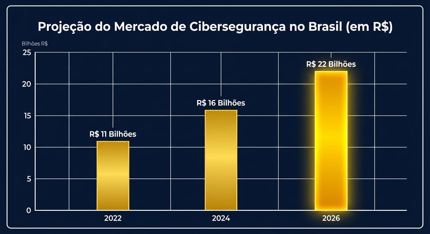 Gráfico de barras mostrando a projeção de crescimento do mercado de cibersegurança no Brasil, de R$ 11 bilhões em 2022 para R$ 22 bilhões em 2026.