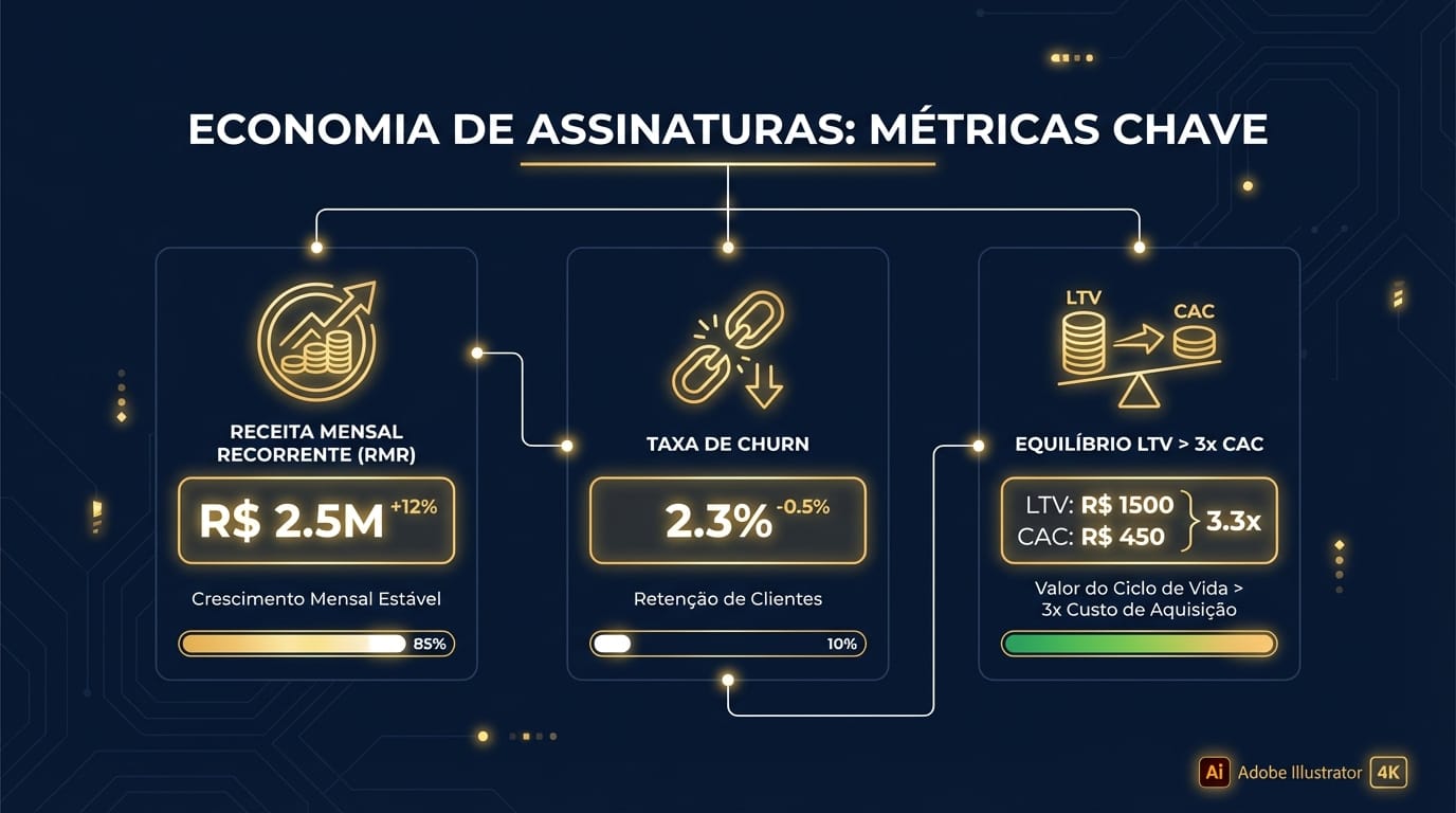 Infográfico minimalista exibindo as métricas chave da Economia da Assinatura: 'MRR' (Monthly Recurring Revenue), 'Churn Rate' e a balança 'LTV > 3x CAC', com ícones intuitivos para executivos.