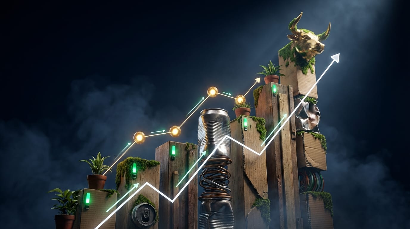 Gráfico de crescimento financeiro formado por materiais reciclados, simbolizando a fusão entre finanças e sustentabilidade na economia circular.