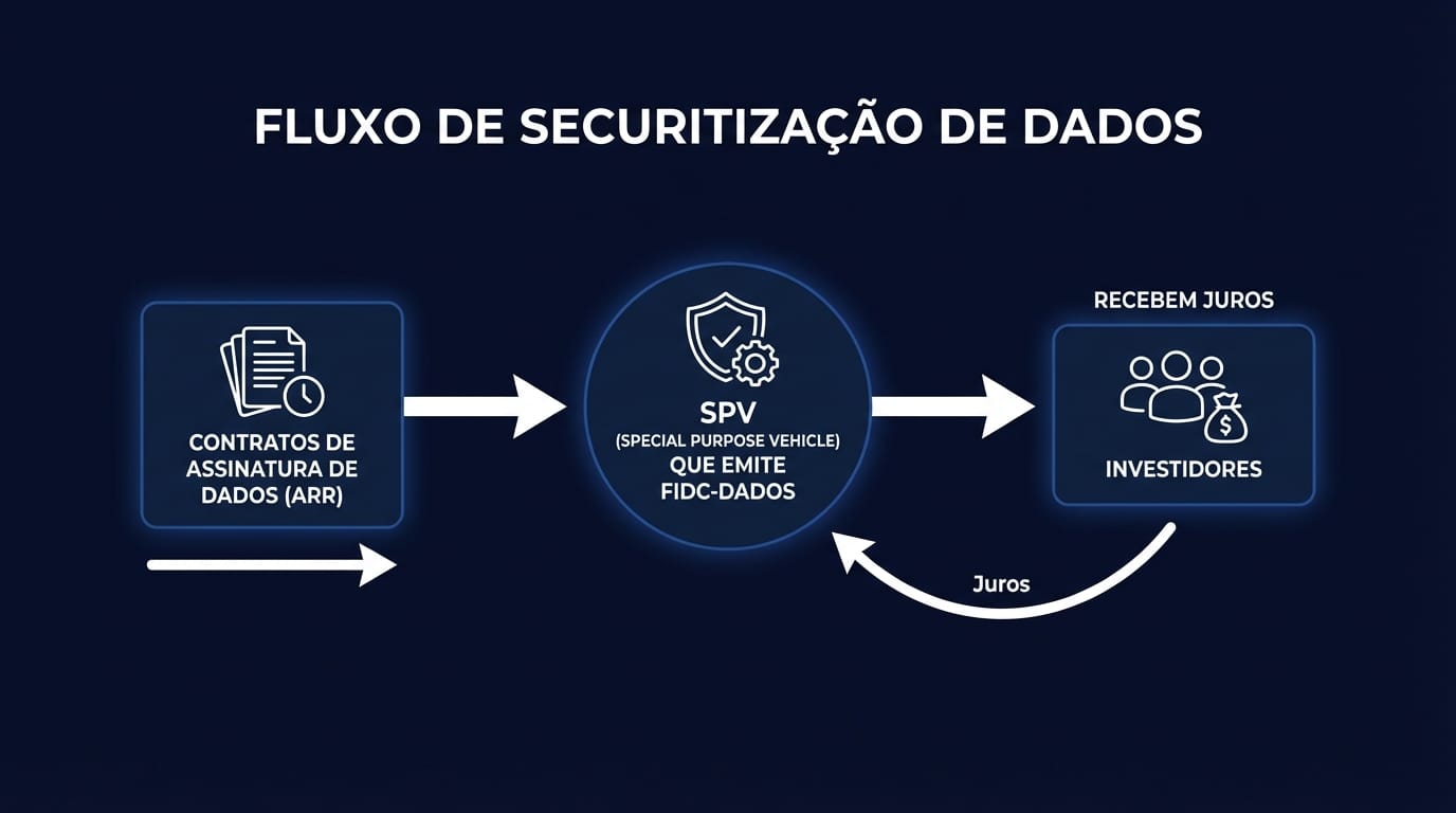 Diagrama de fluxo ilustrando o processo de securitização de contratos de dados, desde os contratos de assinatura (ARR) até a emissão de um FIDC-Dados para investidores.