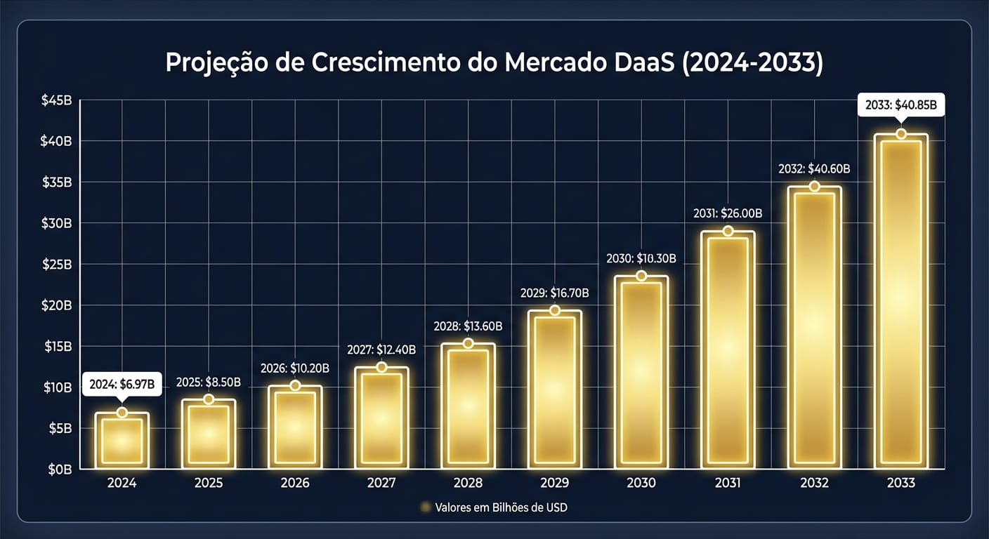 Gráfico de barras minimalista mostrando a projeção de crescimento do mercado DaaS de US$ 6.97 bilhões em 2024 para US$ 40.85 bilhões em 2033, destacando a forte trajetória de expansão do setor.