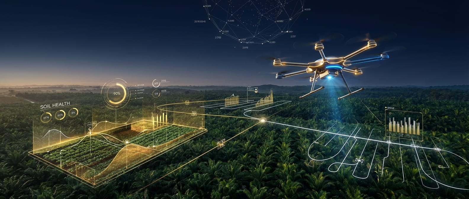 Drone futurista sobrevoando uma plantação com gráficos de dados sobrepostos, representando a agricultura de precisão.