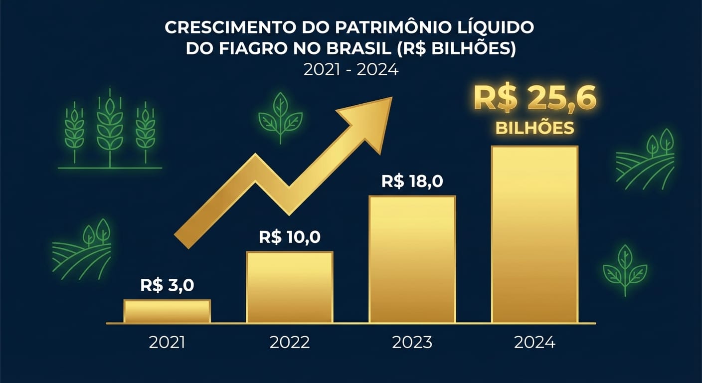 Infográfico mostrando o crescimento do patrimônio líquido do Fiagro no Brasil, de 2021 a 2024, atingindo R$25,6 bilhões.