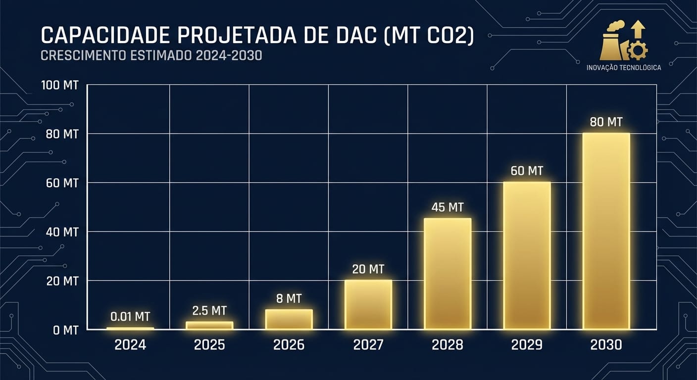 Gráfico de barras mostrando o crescimento projetado da capacidade de Captura Direta de Ar (DAC) de 0.01 Mt em 2024 para 80 Mt em 2030.