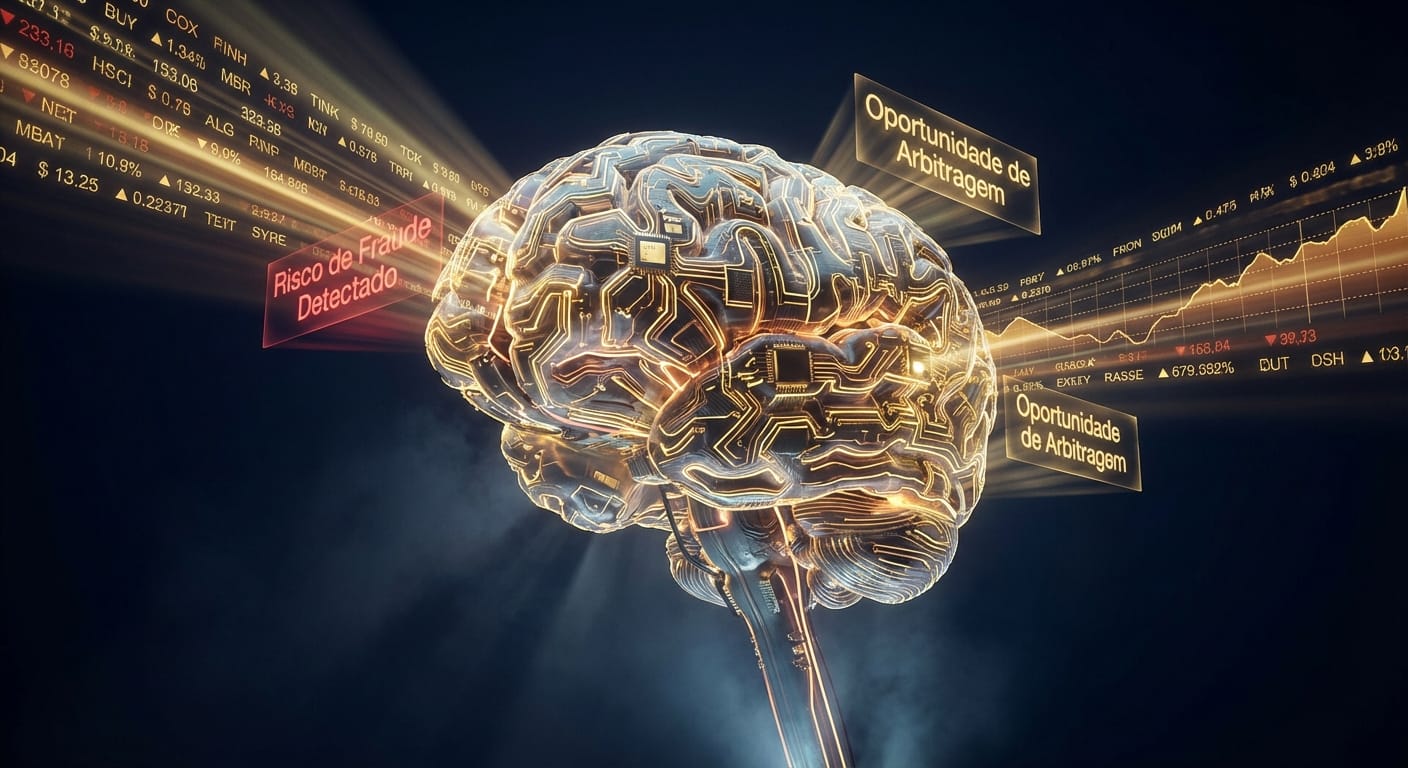Ilustração de um cérebro de circuitos processando dados financeiros e gerando insights como detecção de fraude e oportunidades de mercado em tempo real.